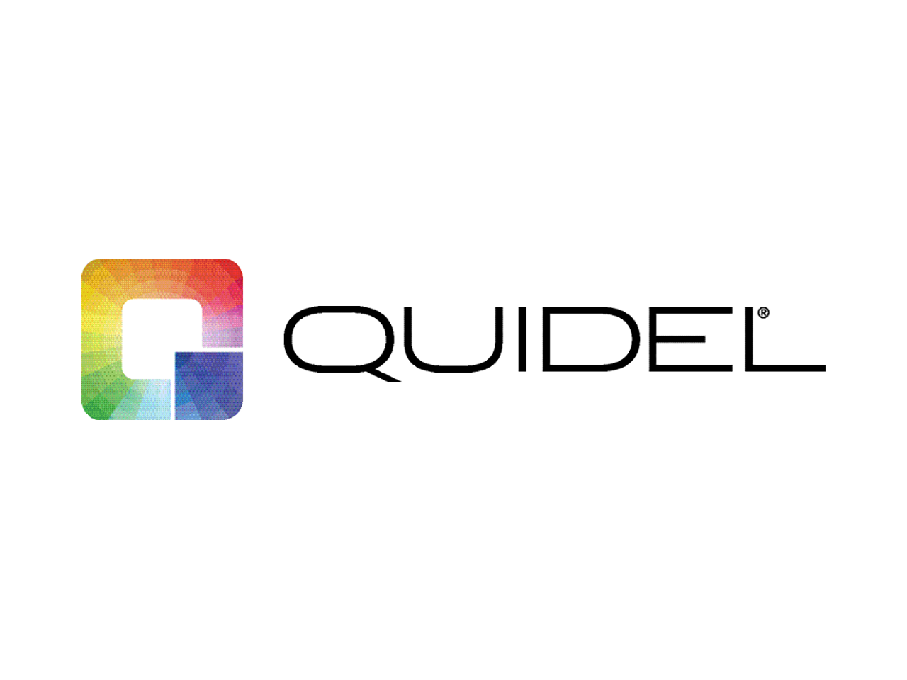 Quidel logo med en fargerik firkant til venstre og svart tekst.