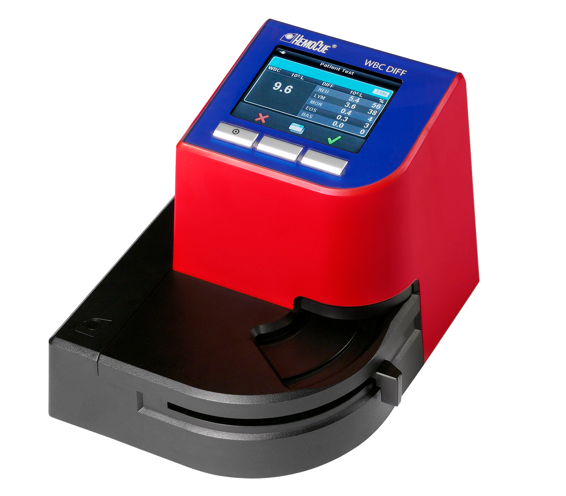 Nærbilde av HemoCue WBC DIFF analysator, en rød og svart enhet med en skjerm som viser resultater av hvite blodceller.